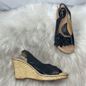 Born Black Leather Floral Trim Raffia Wedge Sandals‎ Sz 8
